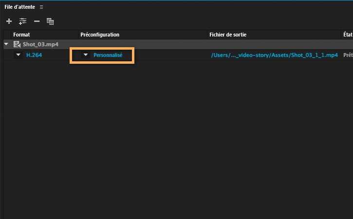 Dans Adobe Media Encoder, cliquez sur la préconfiguration bleue du projet.