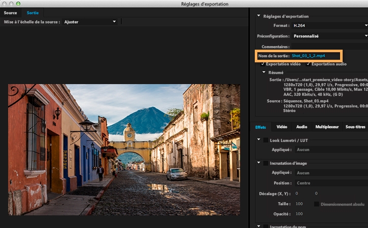 Dans Réglages d’exportation, cliquez sur la chaîne en bleu en regard de Nom de la sortie pour définir le nom et l’emplacement du fichier exporté.