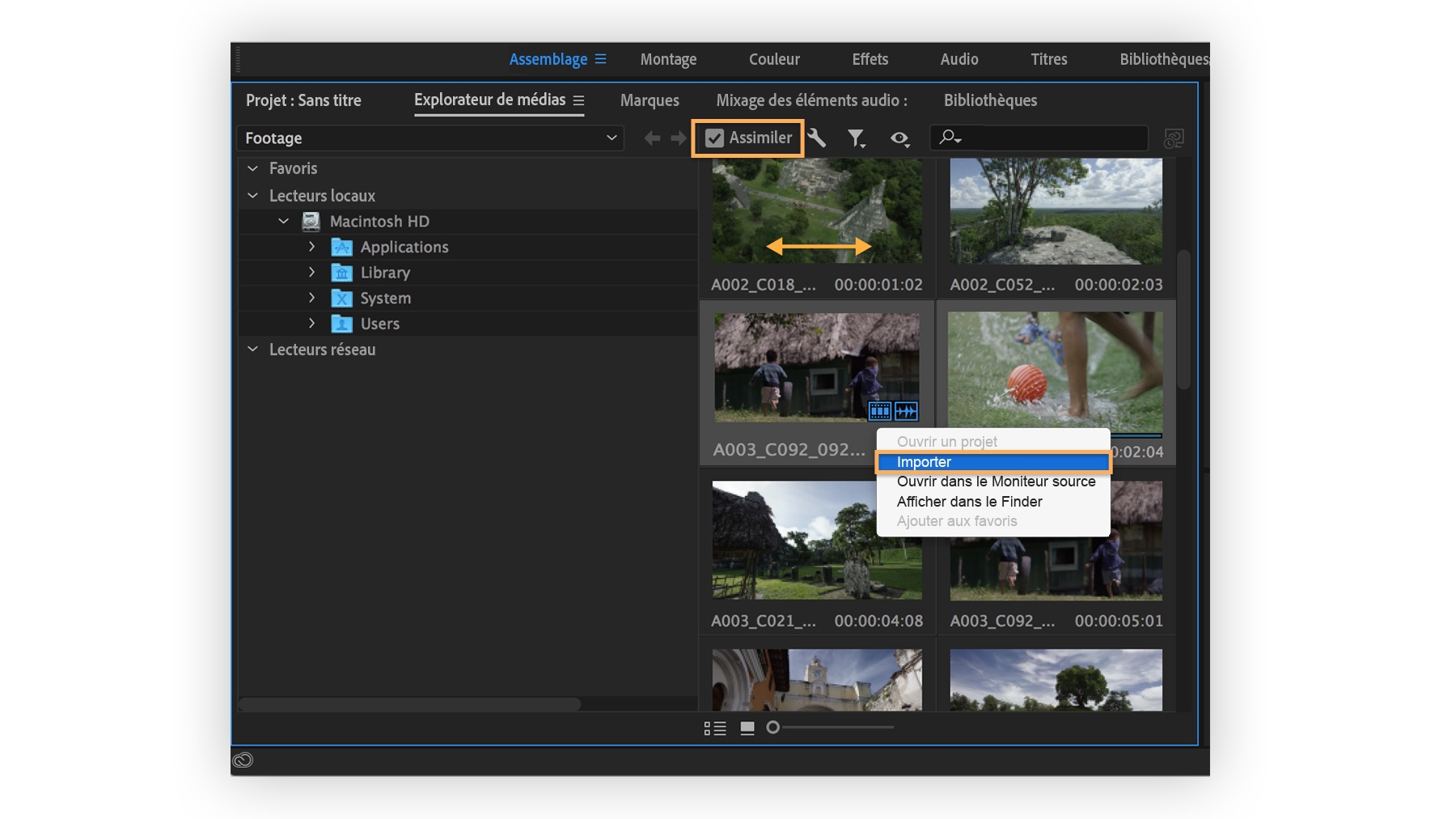 Onglet Explorateur de médias avec menu Assimiler mis en évidence