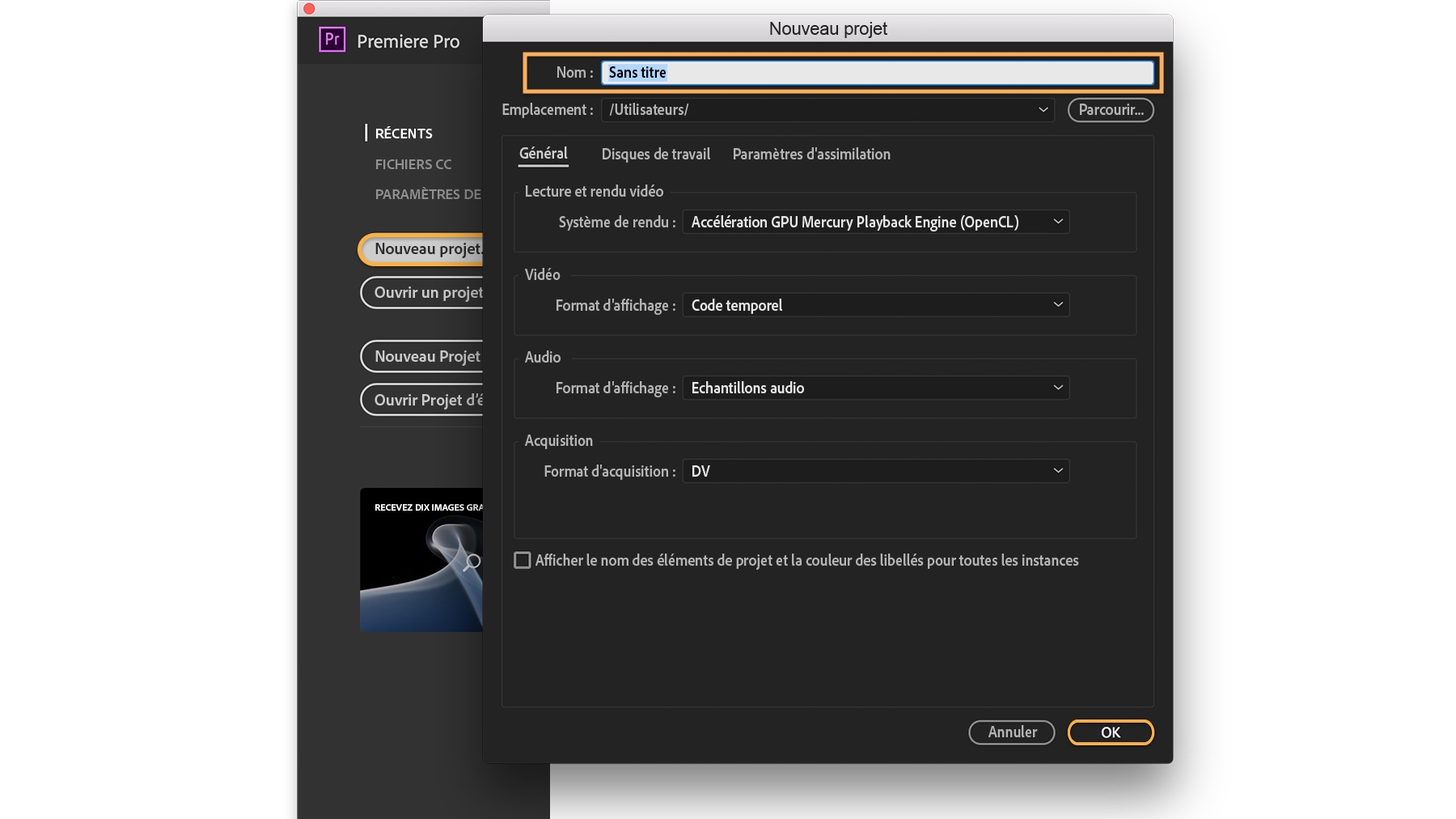 Boîte de dialogue Nouveau projet avec le champ Nom mis en évidence
