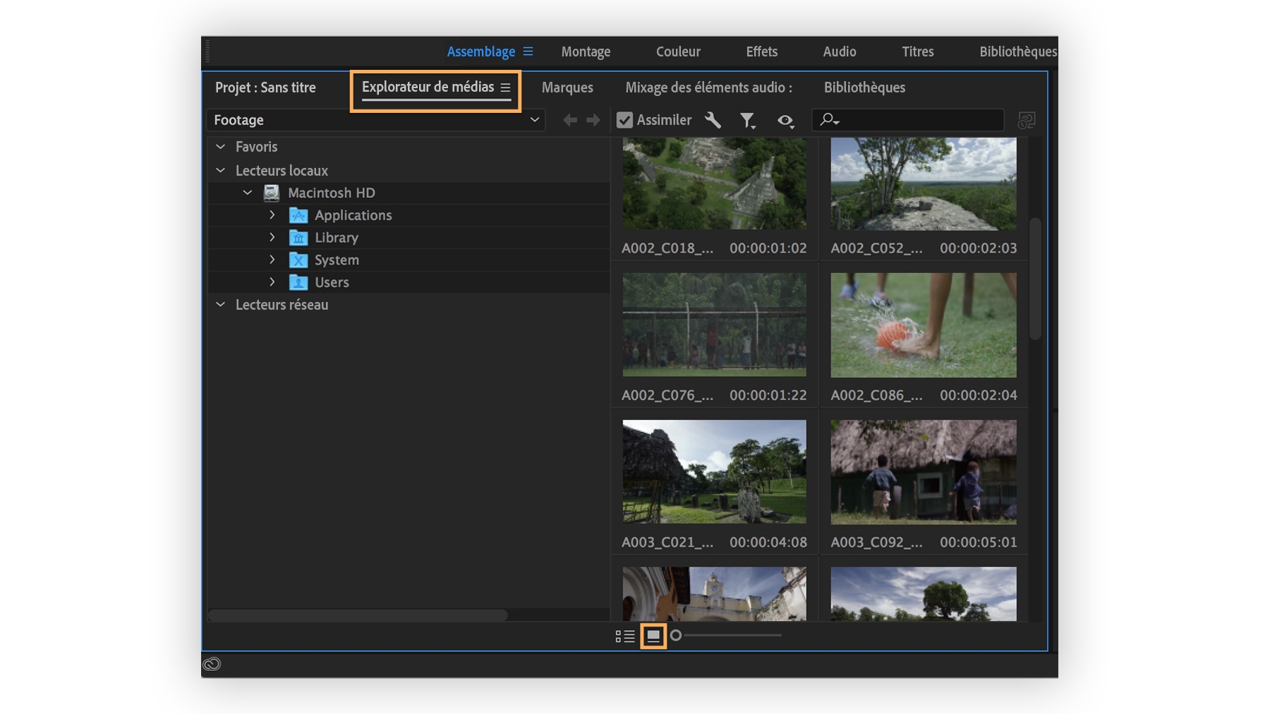 L'onglet Explorateur de médias affiche une grille de vignettes