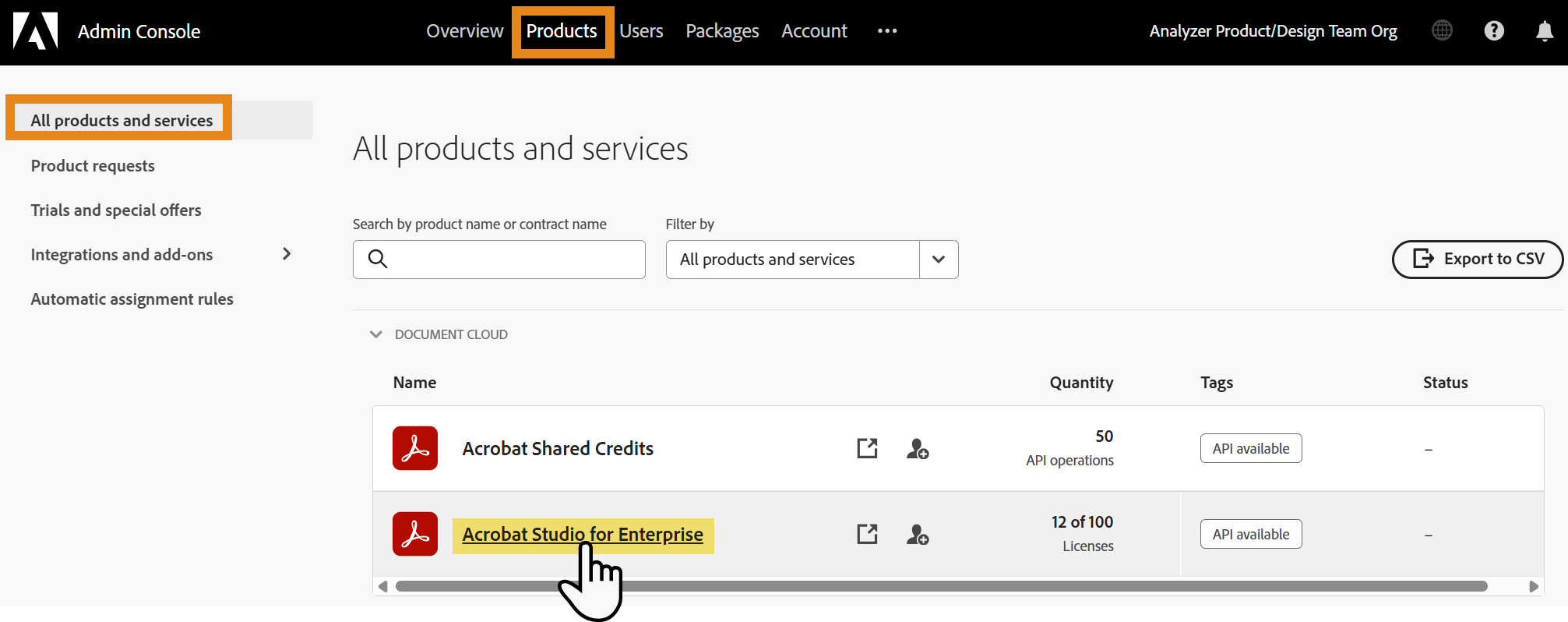 Adobe Admin Console affichant Produits > Tous les produits et services avec Acrobat Studio pour les entreprises mis en évidence dans la liste des produits.