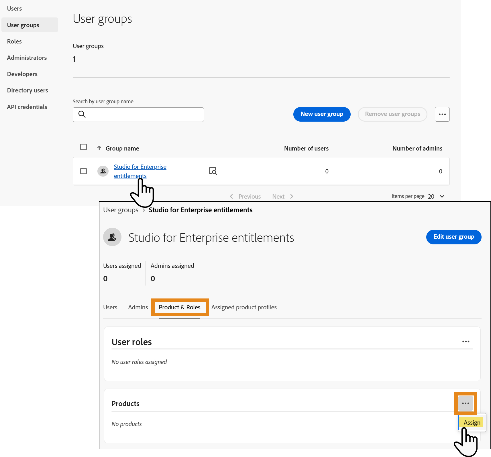 Page Groupes d’utilisateurs d’Adobe Admin Console affichant le nouveau groupe, avec un encart des détails du groupe mettant en surbrillance le menu Produits et l’action Attribuer.