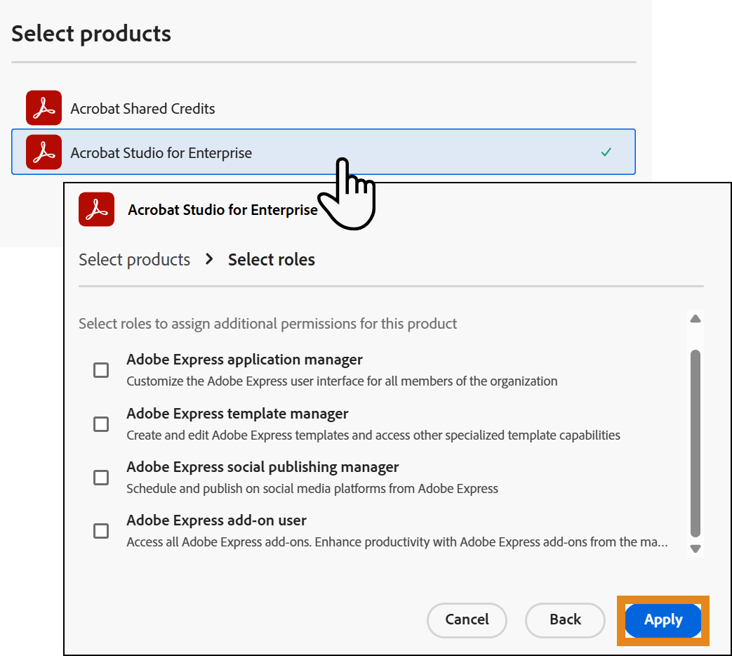 Adobe Admin Console affichant un droit de groupe d’utilisateurs avec les panneaux Sélectionner un produit et Sélectionner des rôles ouverts pour attribuer l’accès au produit.