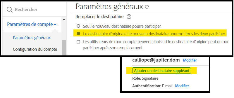 Le menu administrateur des Paramètres généraux met en évidence l’option Ajouter un destinataire suppléant avec un encart des contrôles de la page Gérer pour l’expéditeur.