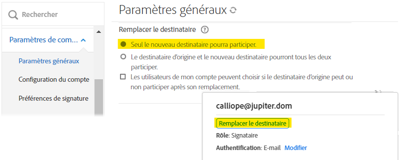 Le menu administrateur des Paramètres généraux met en évidence l’option Remplacer le destinataire avec un encart des contrôles de la page Gérer pour l’expéditeur.