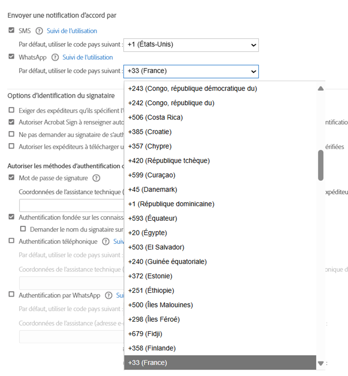 Page Paramètres d’envoi affichant les commandes avec le menu déroulant Code pays développé.