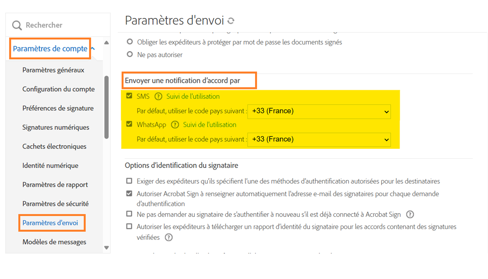 Menu administrateur Paramètres d’envoi avec les commandes « Envoyer une notification d’accord par » mises en évidence