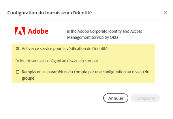 Configuration au niveau du groupe : même FI configuré au niveau du compte