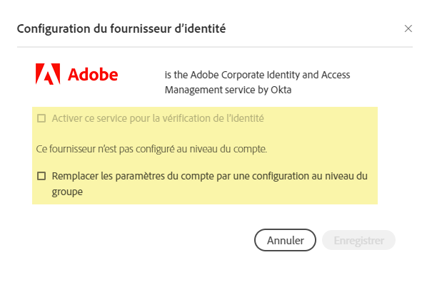 Configuration au niveau du groupe : le FI n’est pas configuré au niveau du compte