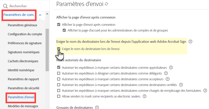 Navigation pour activer l’option Exiger le nom du destinataire lors de l’envoi