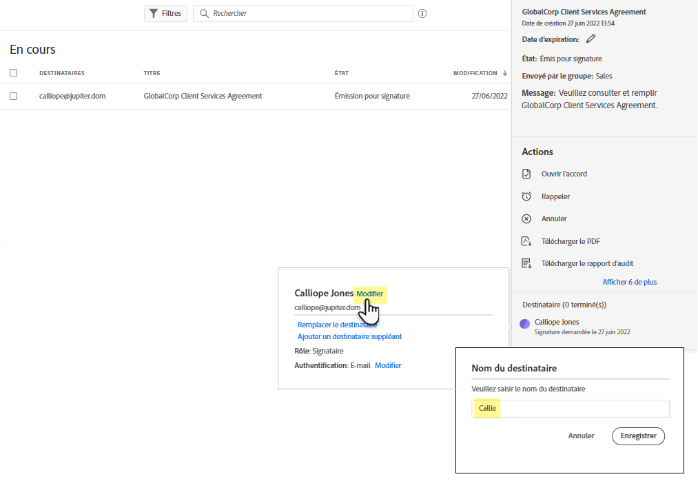 Exiger le nom du destinataire