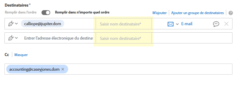 Option permettant d’exiger le nom du destinataire activée sur la page Envoyer
