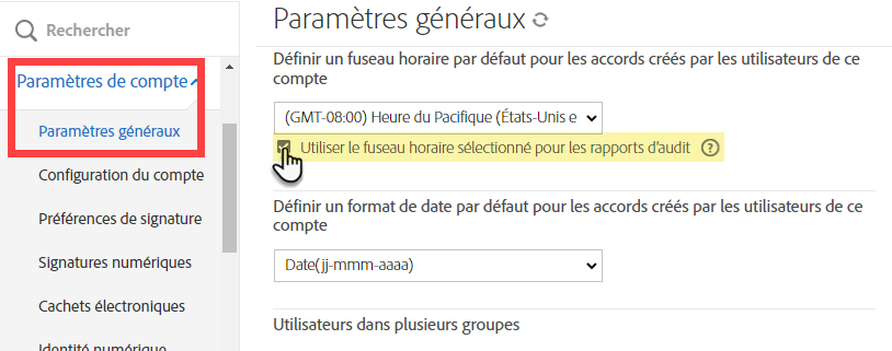 Configuration du rapport d’audit pour utiliser le décalage de fuseau horaire configuré