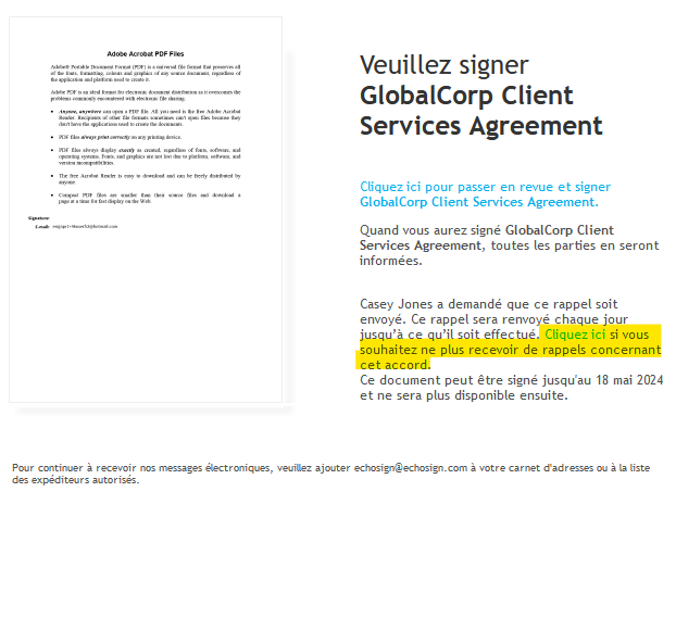 E-mail « Rappel » avec le lien permettant d’annuler le rappel mis en surbrillance.