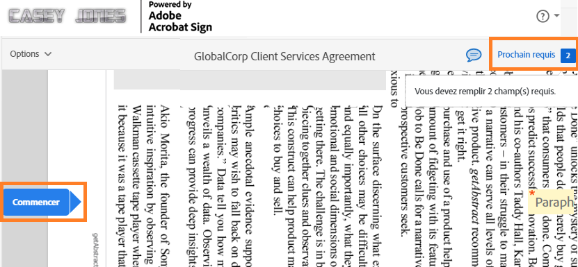 Page de signature électronique avec la flèche de champ « Suivant » et le lien « Champs obligatoires » mis en surbrillance