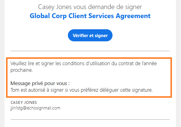 E-mail « Vérifier et signer » mettant en évidence le message et le message privé.