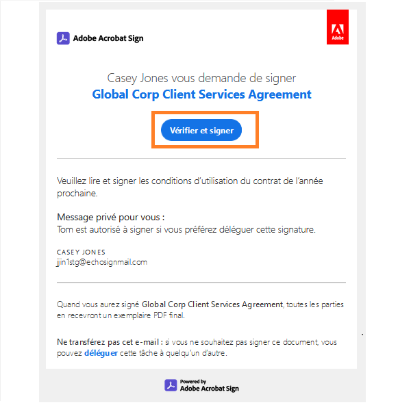E-mail « Vérifier et signer » avec le lien mis en évidence.