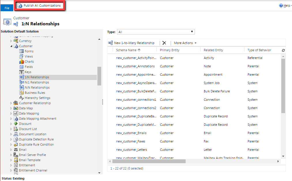 Option Publier toutes les personnalisations dans la partie supérieure de la page Relations 1 à N