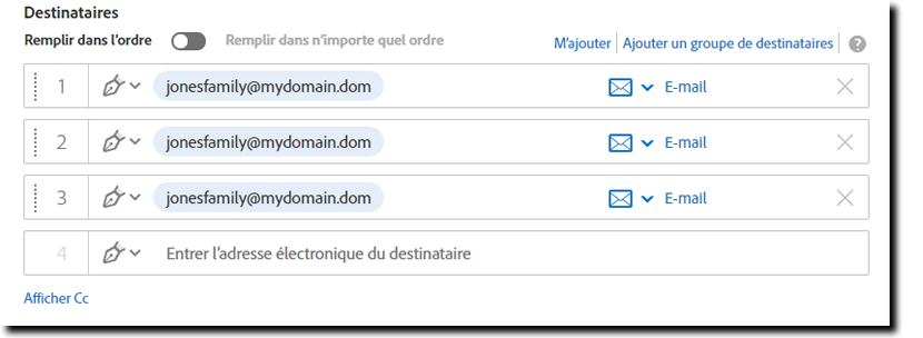 Envoyer un document à deux signataires partageant la même adresse e-mail