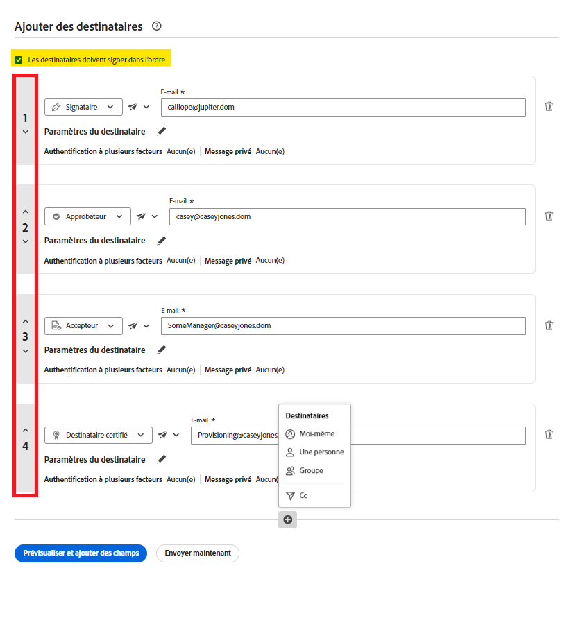 Configuration de signature parallèle sur la page Envoyer avec la commande activée « Les destinataires doivent signer dans l’ordre » mise en surbrillance et les numéros d’index des destinataires identifiés.