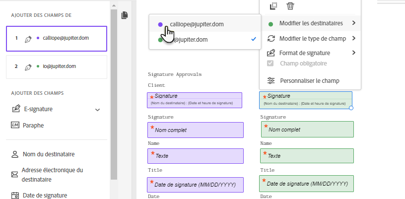 Modification du destinataire affecté au champ