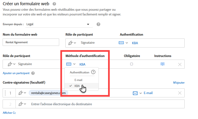 Accès à la KBA pour les destinataires supplémentaires dans les formulaires web