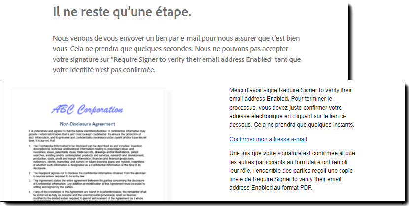 Page post-signature de vérification par e-mail et lien envoyé par e-mail