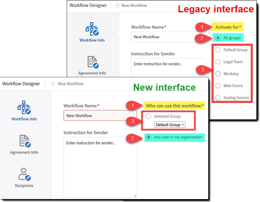 Sélecteur de groupe du concepteur de workflow personnalisé