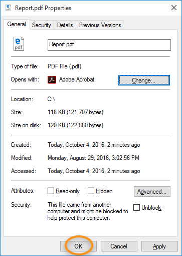 לחץ על 'אישור' בתיבת הדו-שיח 'מאפיינים' לחץ על 'אישור' בתיבת הדו-שיח 'מאפיינים'
