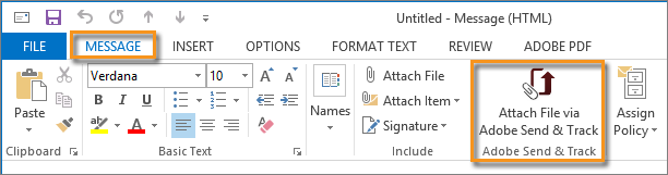 הלחצן Attach File via Adobe Send & Track