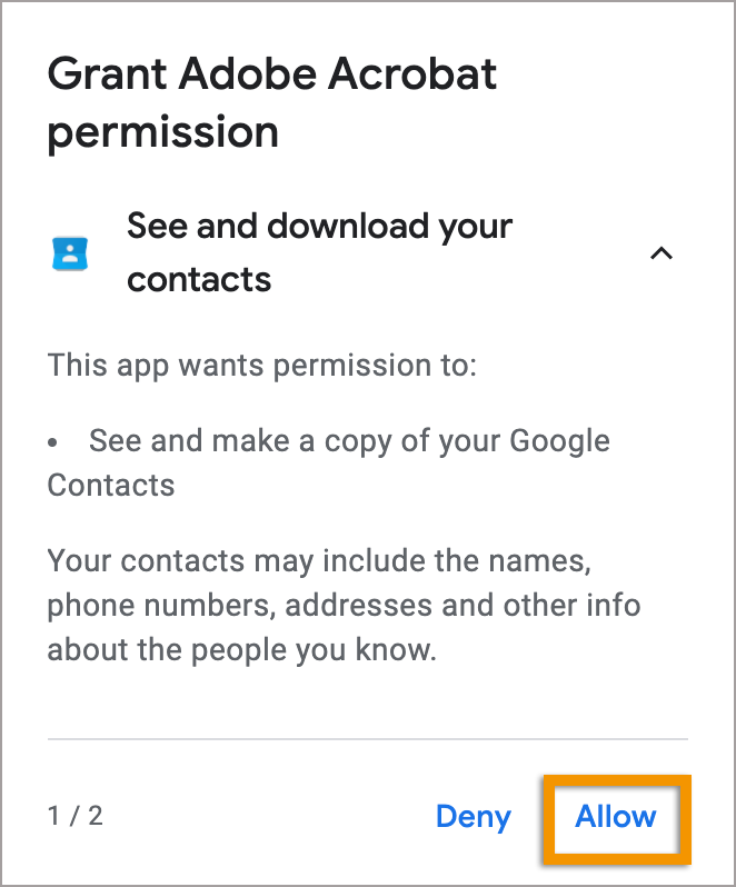 תיבת דו-שיח של הרשאה של Acrobat לגשת לאנשי קשר של Gmail