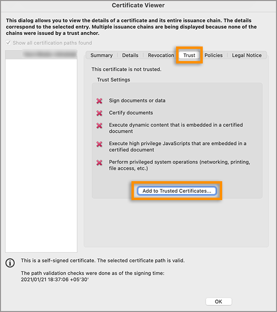 Add to trusted certificates Add to trusted certificates