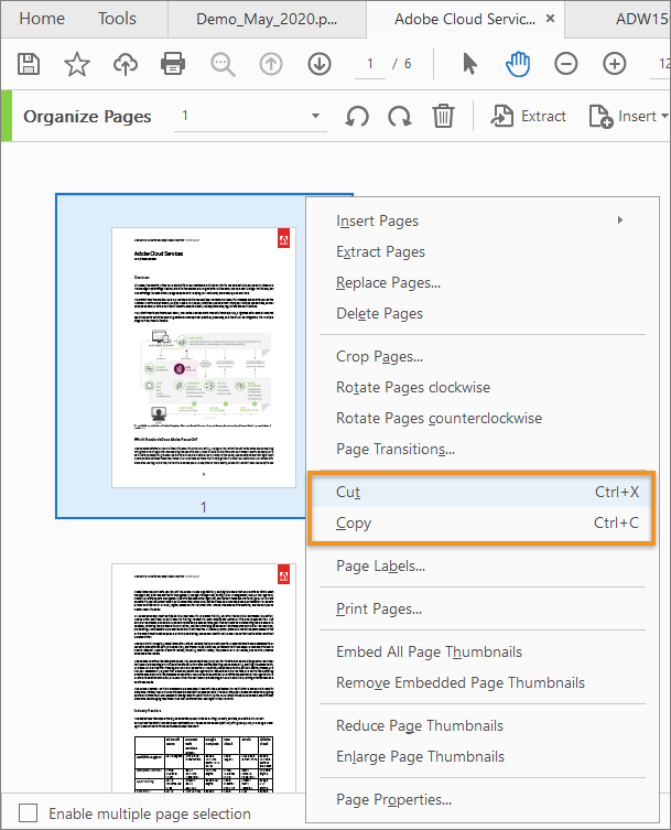 Cut, Copy מתמונות ממוזערות של דף באמצעות הכלי Organize Pages Cut, Copy מתמונות ממוזערות של דף באמצעות הכלי Organize