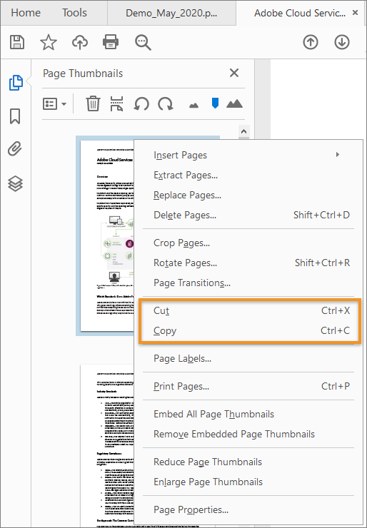 Cut, Copy מתפריט ההקשר של תמונות ממוזערות של דף Cut, Copy מתפריט ההקשר של תמונות ממוזערות של דף
