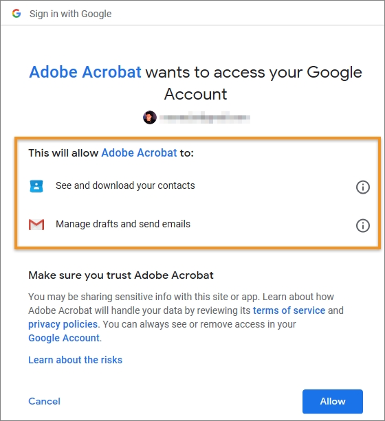 הרשאות שנדרשו על-ידי Acrobat להוספת חשבון Gmail הרשאות שנדרשו על-ידי Acrobat להוספת חשבון Gmail