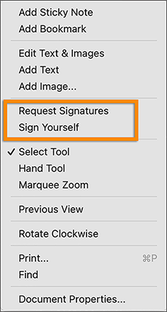 אפשרויות החתימה בתפריט תלוי ההקשר הנפתח בלחיצה ימנית