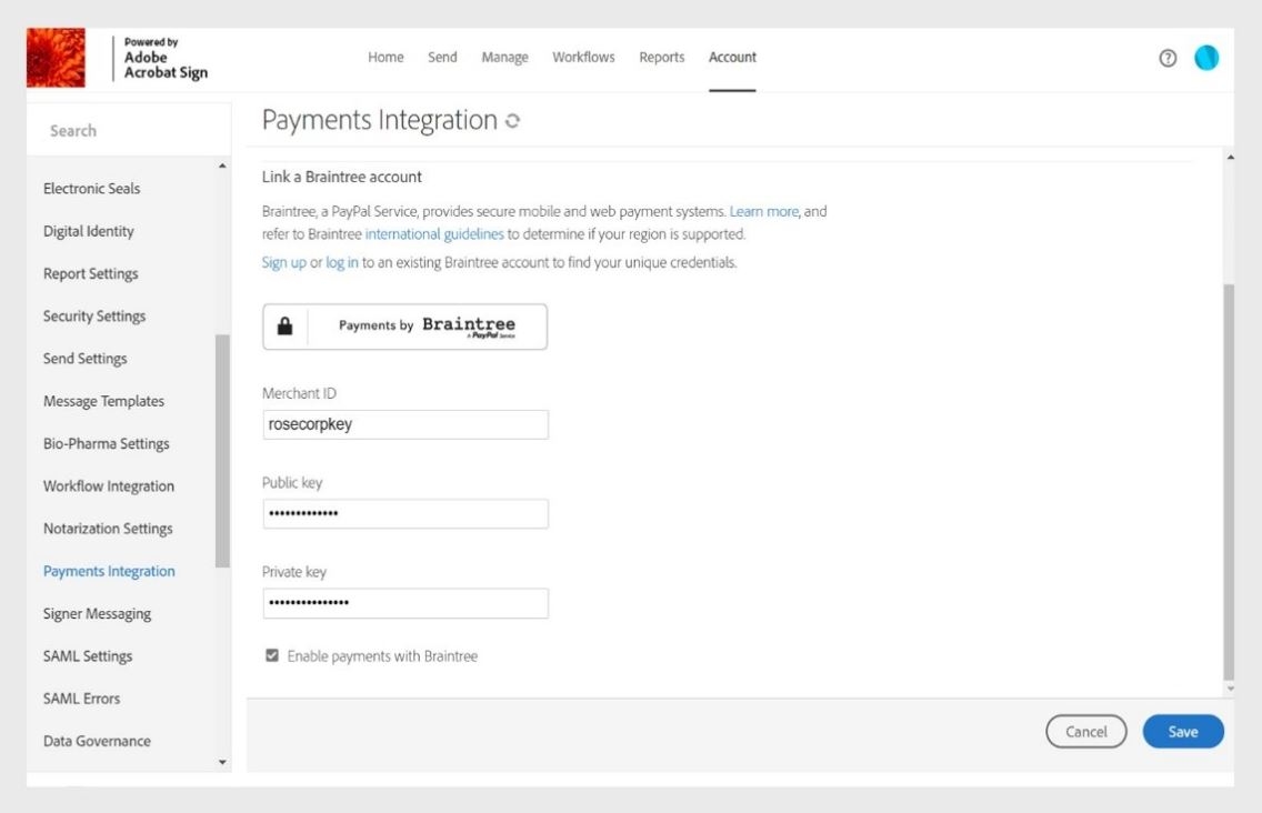 הדף Acrobat Sign Payment Integration מציג אפשרויות לאספקה ושמירה של פרטי הסוחר החדשים כדי לעדכן גביית תשלומים באופן מקוון.