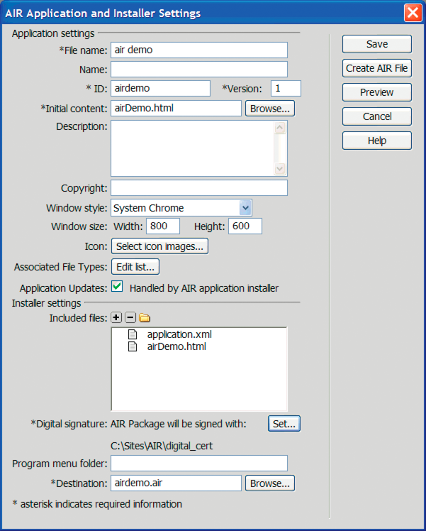 יישום AIR ותיבת הדו-שיח Installer Settings