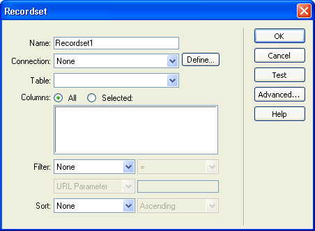 תיבת הדו-שיח Recordset תיבת הדו-שיח Recordset