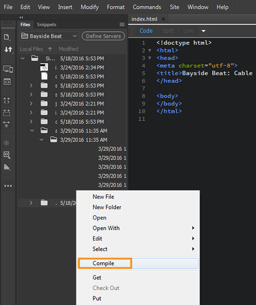 ביצוע קומפילציה באופן ידני בקובצי הכלי לעיבוד מקדים של CSS באמצעות החלונית Files ביצוע קומפילציה באופן ידני בקובצי הכלי לעיבוד מקדים של CSS באמצעות החלונית Files