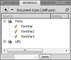 החלונית Bindings עם האפשרות Form מורחבת