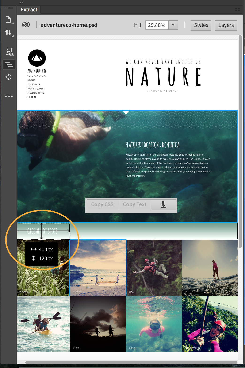 מידות בחלונית Extract