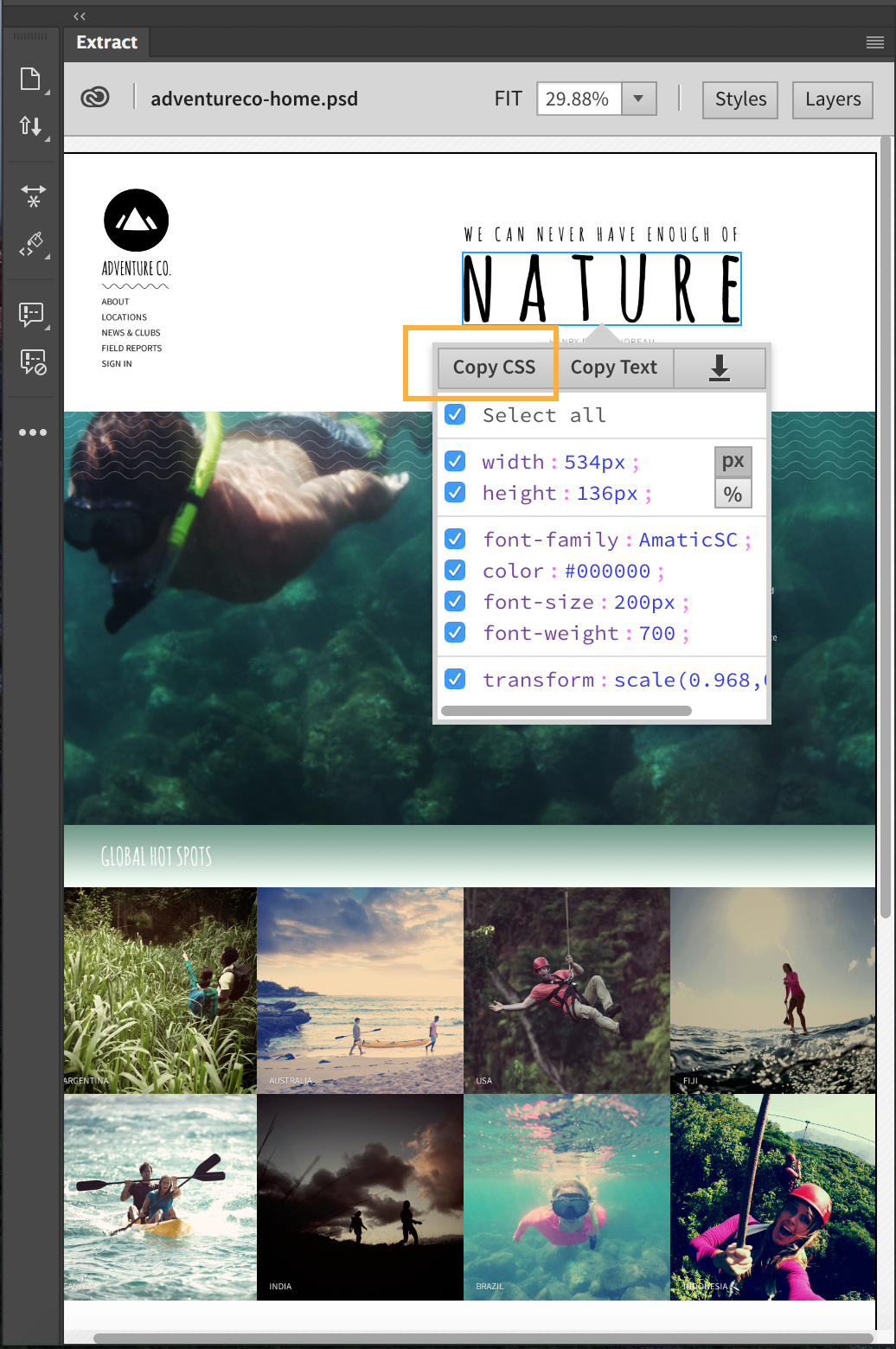 האפשרות Copy CSS בחלונית Extract