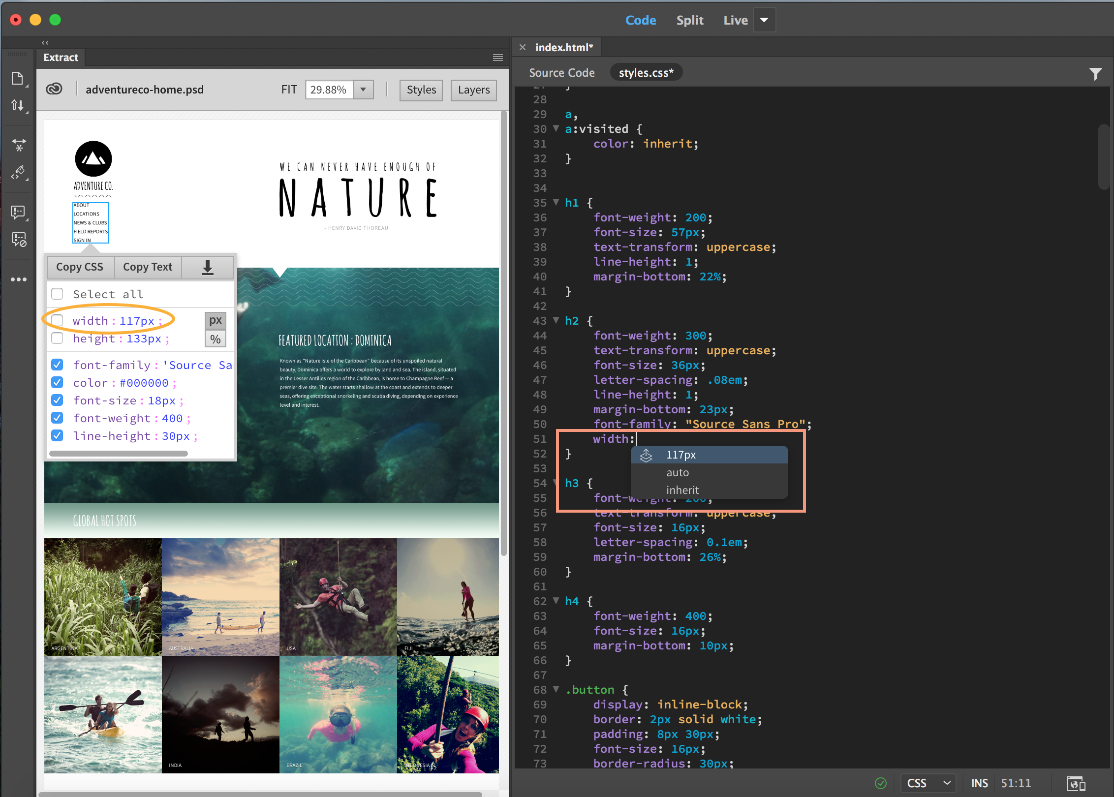 אפשרויות להשלמת קוד עם מאפיין CSS של רכיב בקובץ PSD