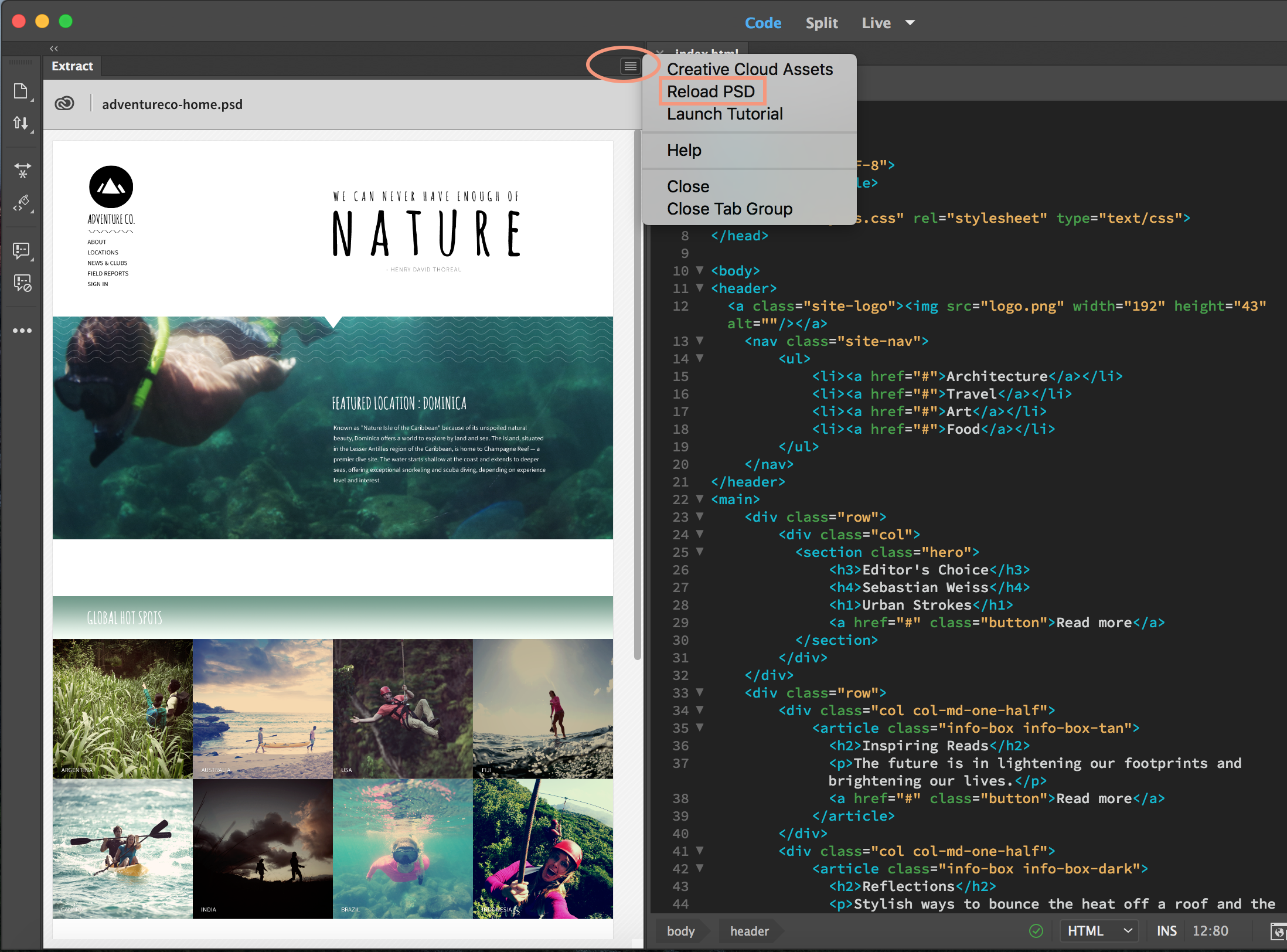 האפשרות Reload PSD בחלונית Extract