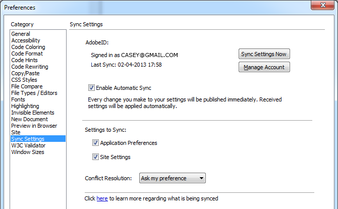 Preferences - Sync Settings Preferences - Sync Settings