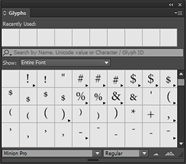 חיפוש גליפים בחלונית Glyphs