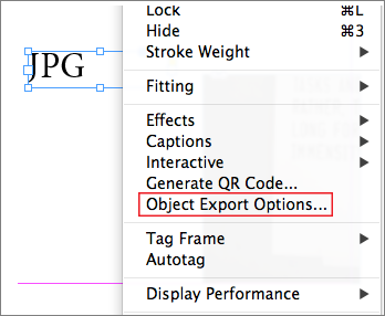 האפשרות Object export Options זמינה בתפריט תלוי ההקשר