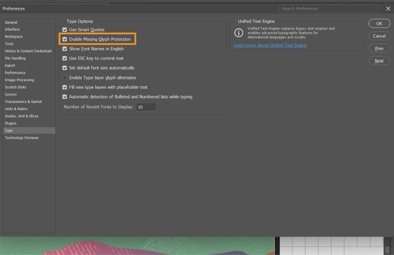 מסמך לדוגמה עם הלוח Preferences פתוח והאפשרות Enable Missing Glyph Protection מודגשת ומסומנת.